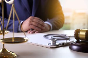 Legal office setting with stethoscope on desk