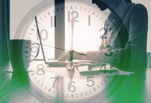 Worker with clock face overlaid
